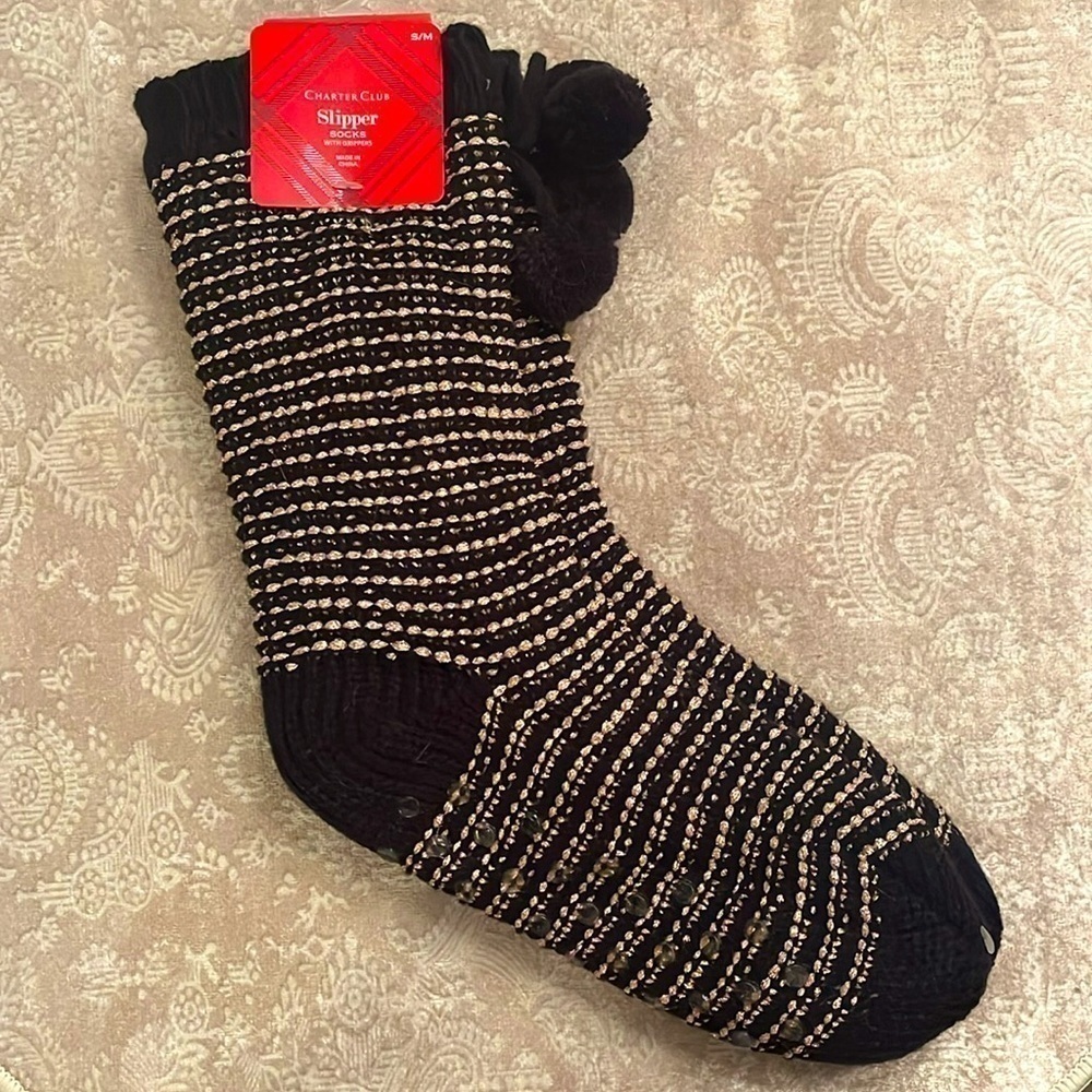 Brand New Charter Club Black & Metallic Gold Knit Slipper Socks w/ Grippers